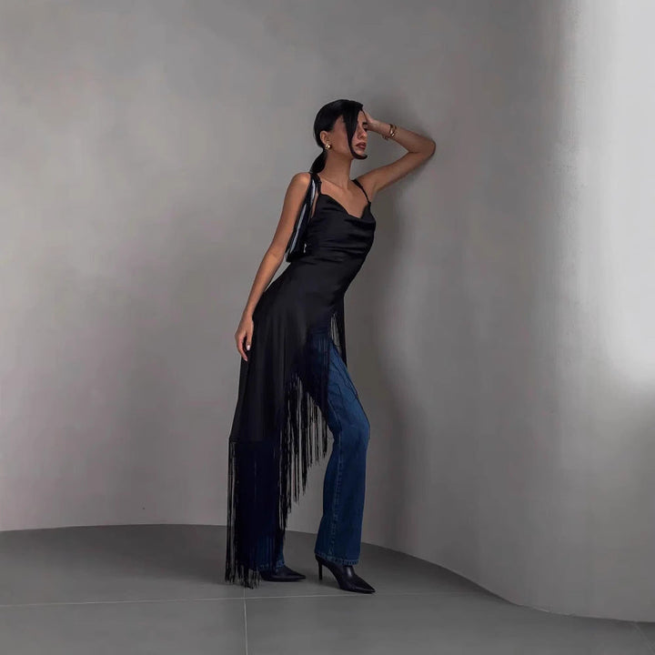 Monica Secrets | Sleeveless Top – Slim Fit – Deep V-Neck – Sheen – Draped Fringe