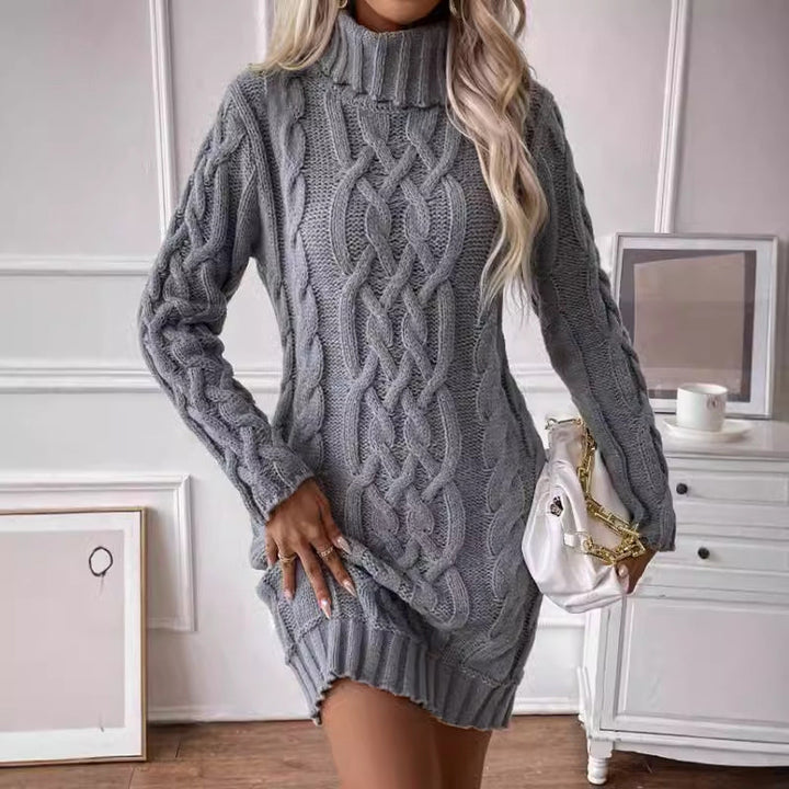 Monica Secrets | Women's Sweater Dress – Wool Blend – Slim Fit – Cable Knit – Turtleneck – Mini Length