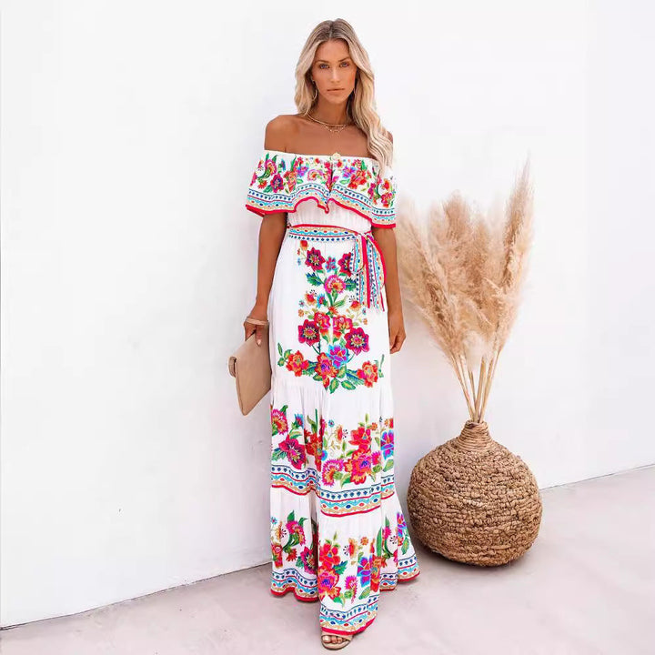 Monica Secrets | Printed Lace-Up Waist Long Dress
