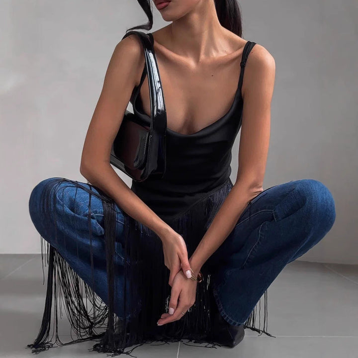 Monica Secrets | Sleeveless Top – Slim Fit – Deep V-Neck – Sheen – Draped Fringe