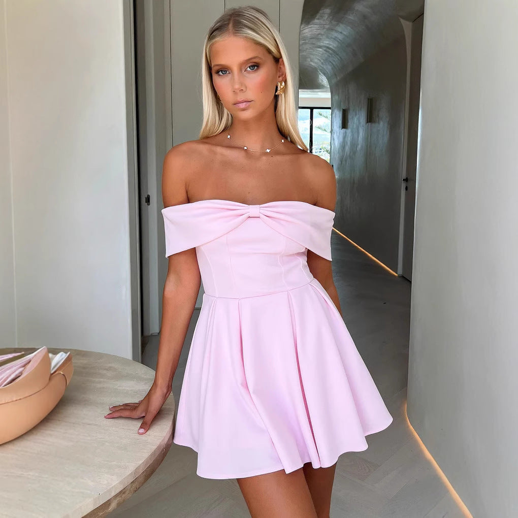 Monica Secrets | Off-Shoulder Mini Dress – A-Line Fit – Soft Lightweight Fabric – Bow Detail