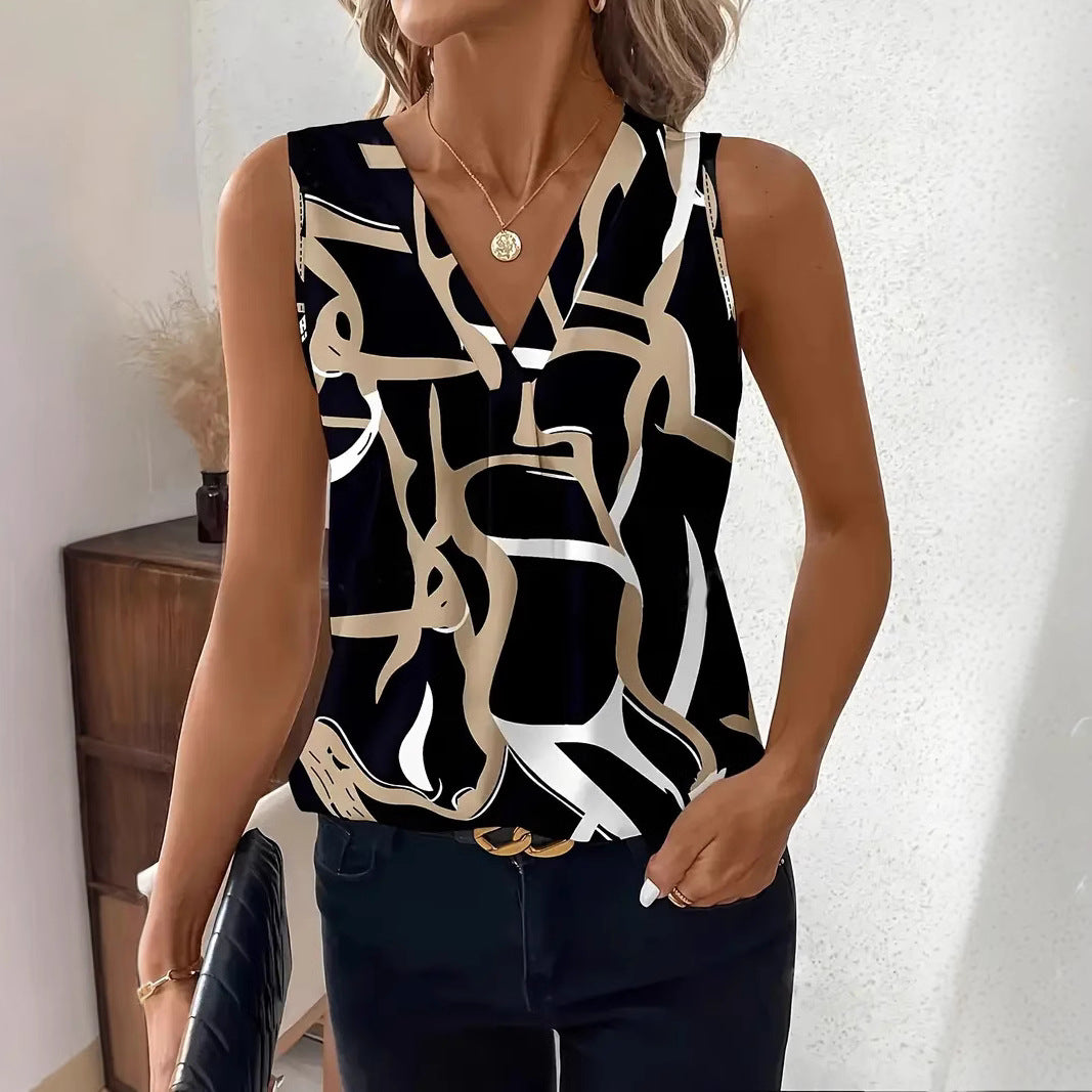 Monica Secrets | Sleeveless Top – V-Neck – Relaxed Fit – Abstract Print – Breathable Cotton