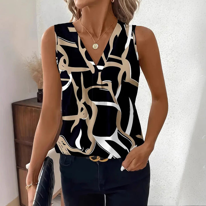 Monica Secrets | Sleeveless Top – V-Neck – Relaxed Fit – Abstract Print – Breathable Cotton