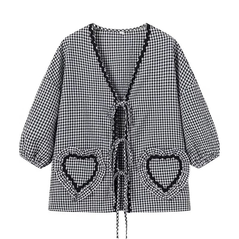 Monica Secrets | Women's Blouse - Gingham Check - Loose Fit - Ruffles - Front Tie Closure