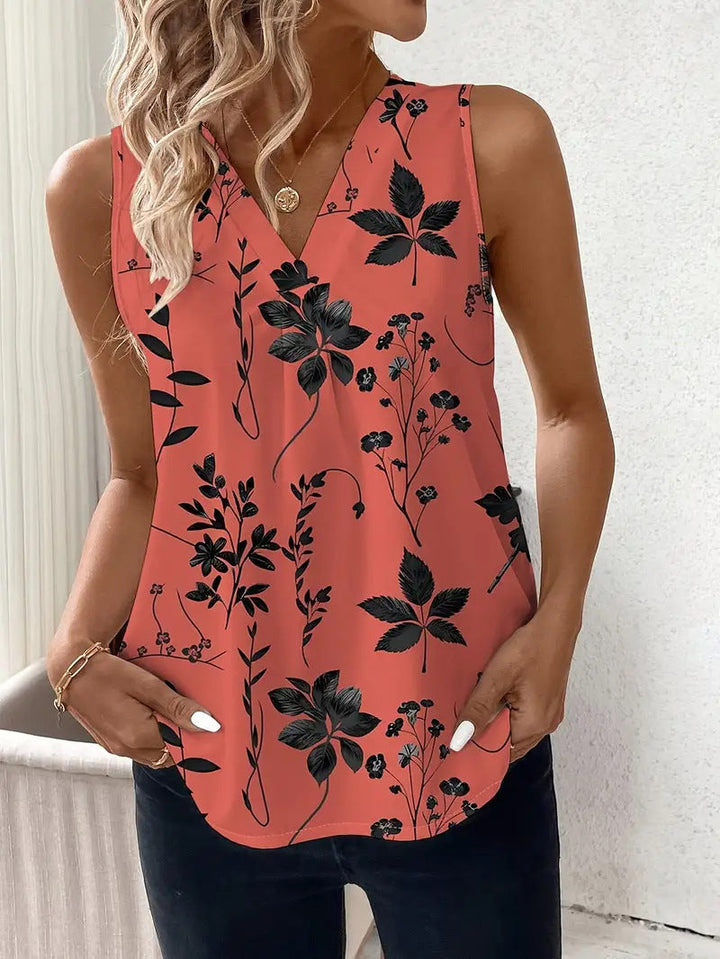 Monica Secrets | Sleeveless Top – V-Neck – Relaxed Fit – Abstract Print – Breathable Cotton