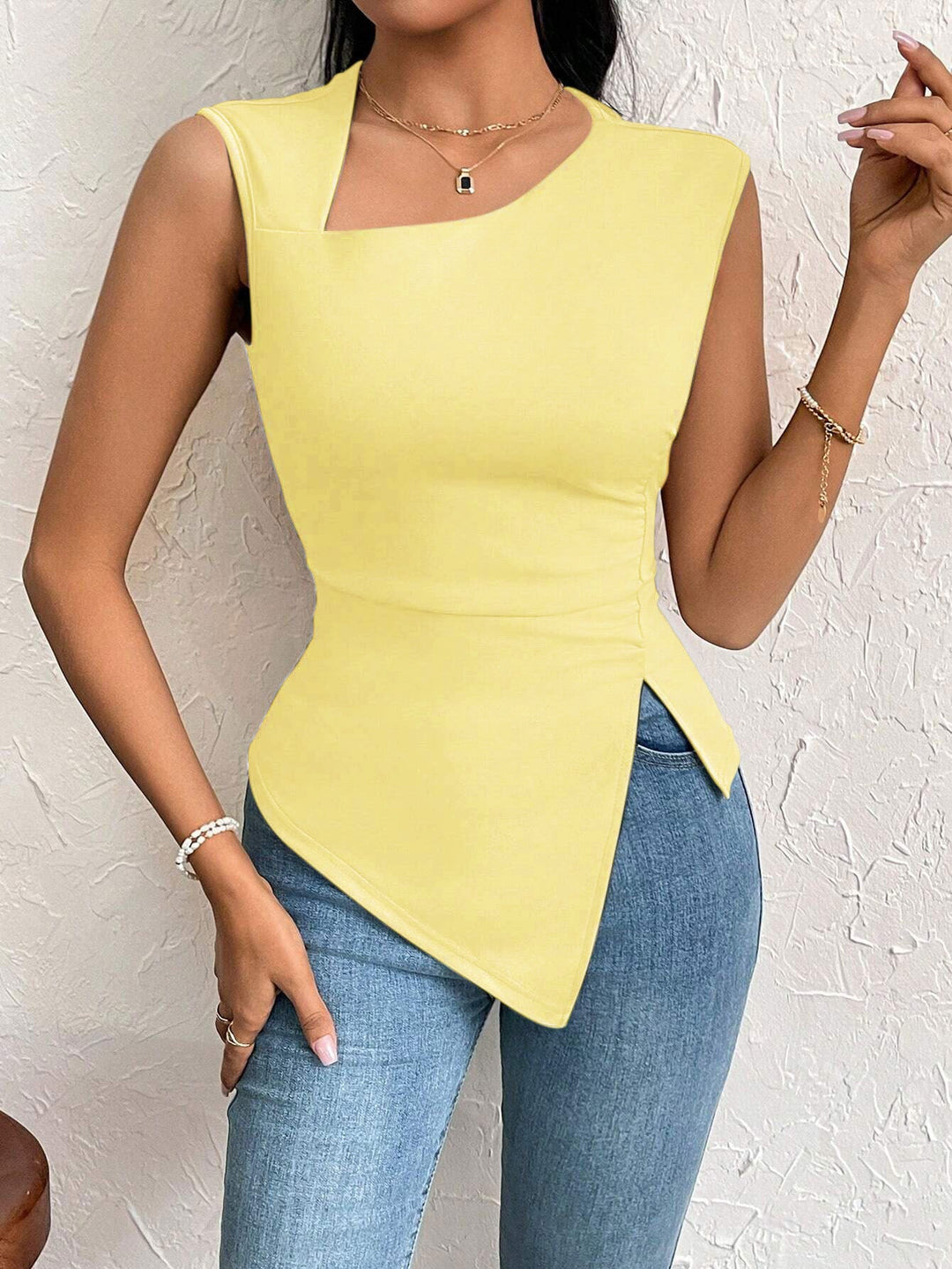 Monica Secrets | Women's Top – Slim Fit – Asymmetrical Neckline – Sleeveless – Cropped Style