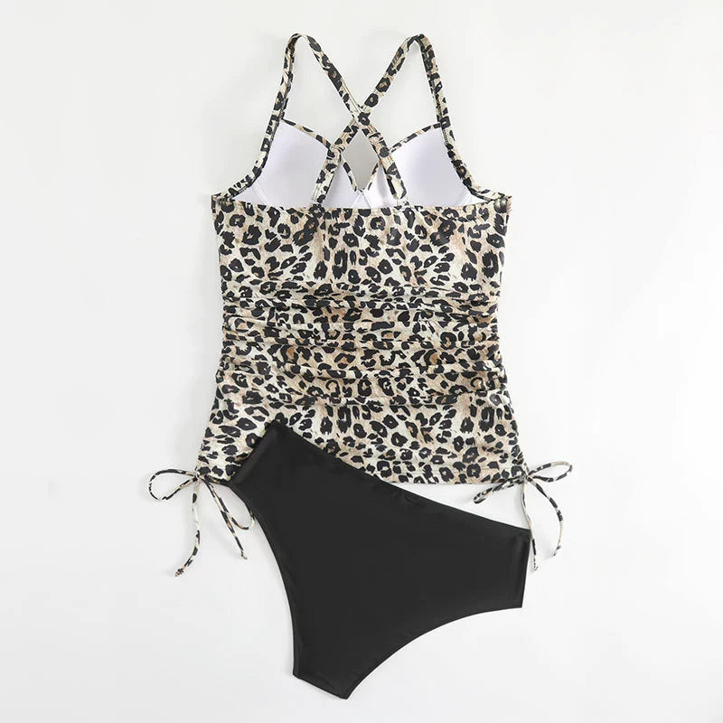 Monica Secrets | Tankini Set – Leopard Print Top with Ruched Sides – Cross-Back Tie Bikini Bottom