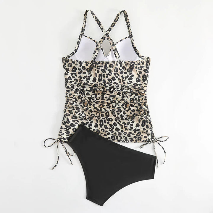 Monica Secrets | Tankini Set – Leopard Print Top with Ruched Sides – Cross-Back Tie Bikini Bottom