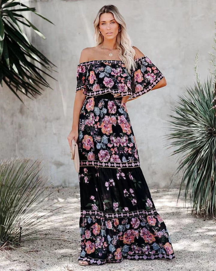 Monica Secrets | Printed Lace-Up Waist Long Dress
