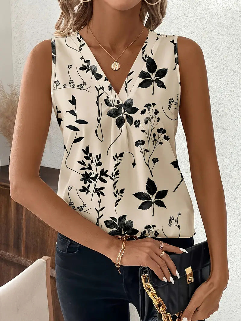 Monica Secrets | Sleeveless Top – V-Neck – Relaxed Fit – Abstract Print – Breathable Cotton