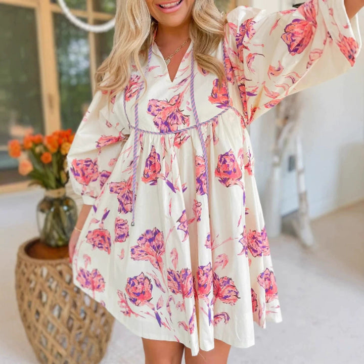 Monica Secrets | Women's Short Dress – Flowy Fit – Puff Sleeves – V-Neck – Defined Waist – Floral