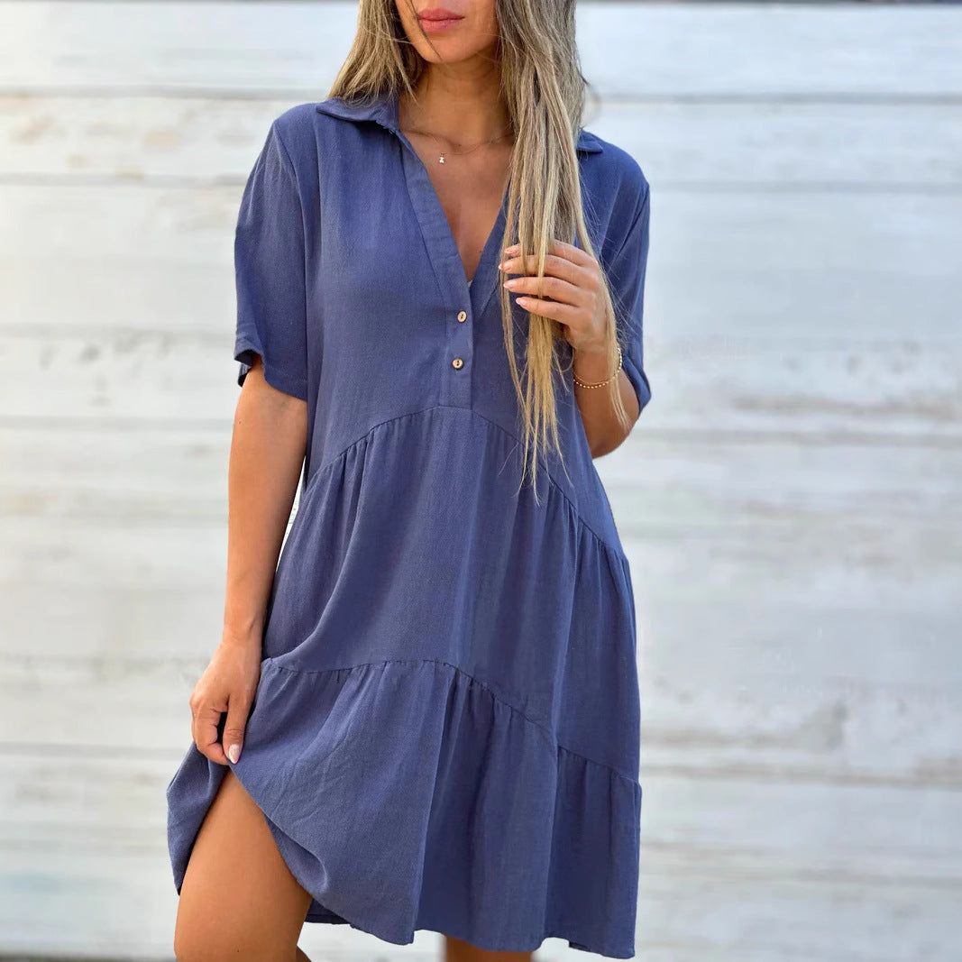 Monica Secrets | Women's Swing Dress – Natural Fibers – Relaxed Fit – Short Sleeve – Button Closure