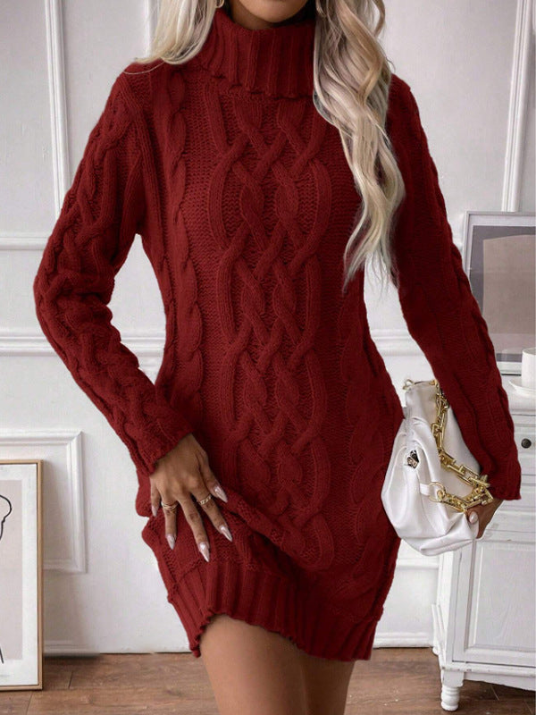Monica Secrets | Women's Sweater Dress – Wool Blend – Slim Fit – Cable Knit – Turtleneck – Mini Length