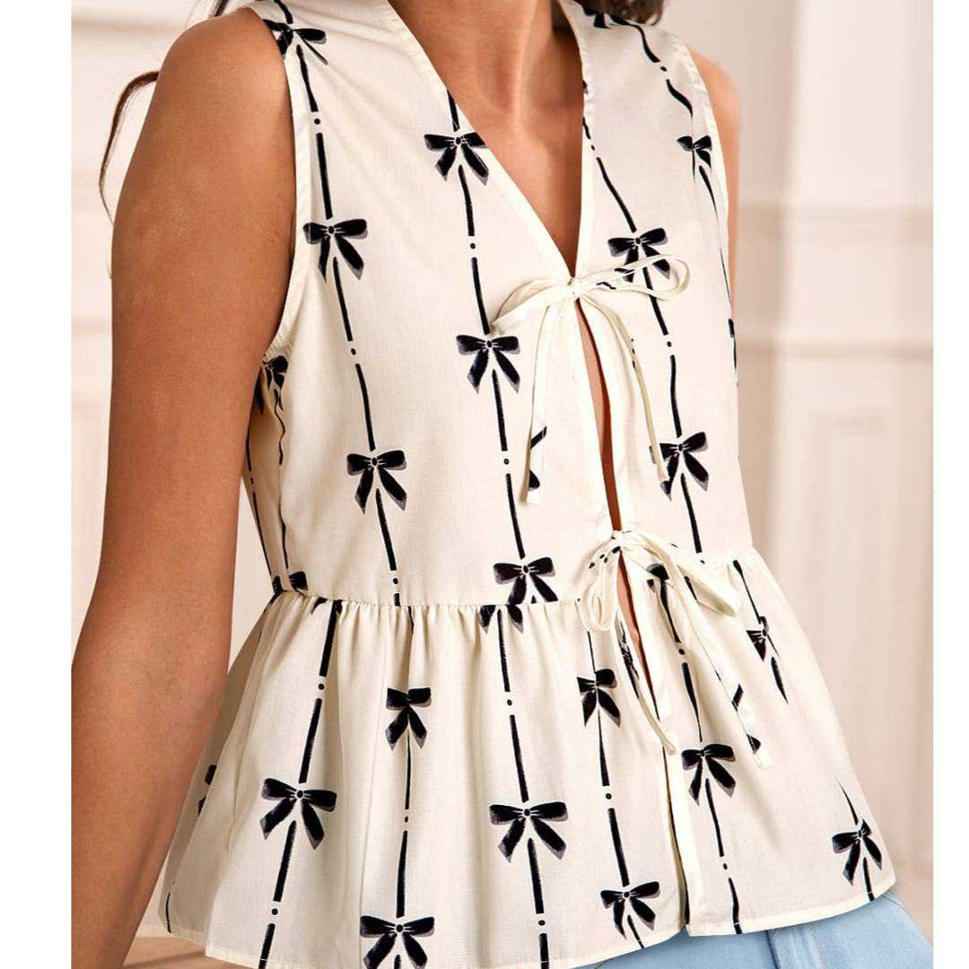 Monica Secrets | Sleeveless Blouse – Relaxed Fit – V-neck – Lightweight Breathable – Tie Detail