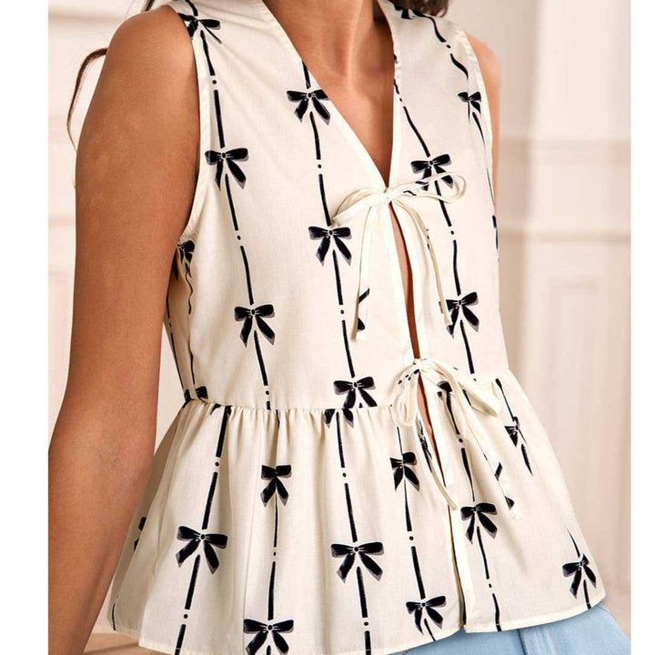 Monica Secrets | Sleeveless Blouse – Relaxed Fit – V-neck – Lightweight Breathable – Tie Detail