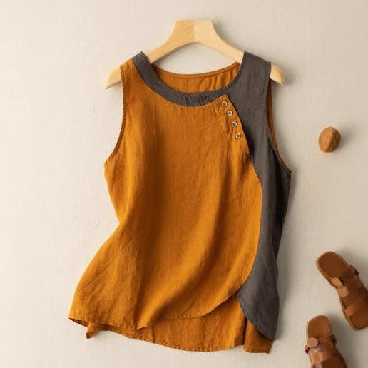 Monica Secrets | Women's Sleeveless Top – Cotton – Relaxed Fit – Asymmetrical Hem – Button Detail