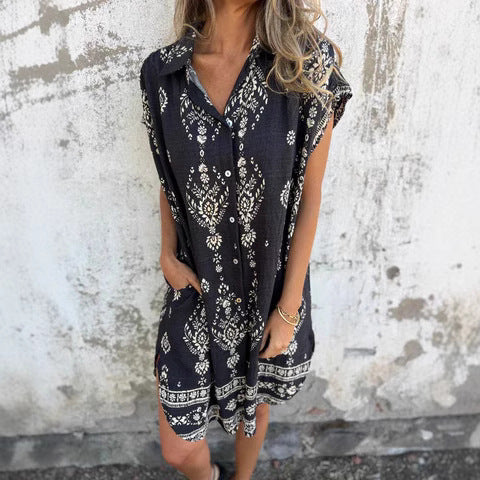 Monica Secrets | Women's Shirt Dress – Relaxed Fit – Bohemian Print – Natural Fibers – Mini Length