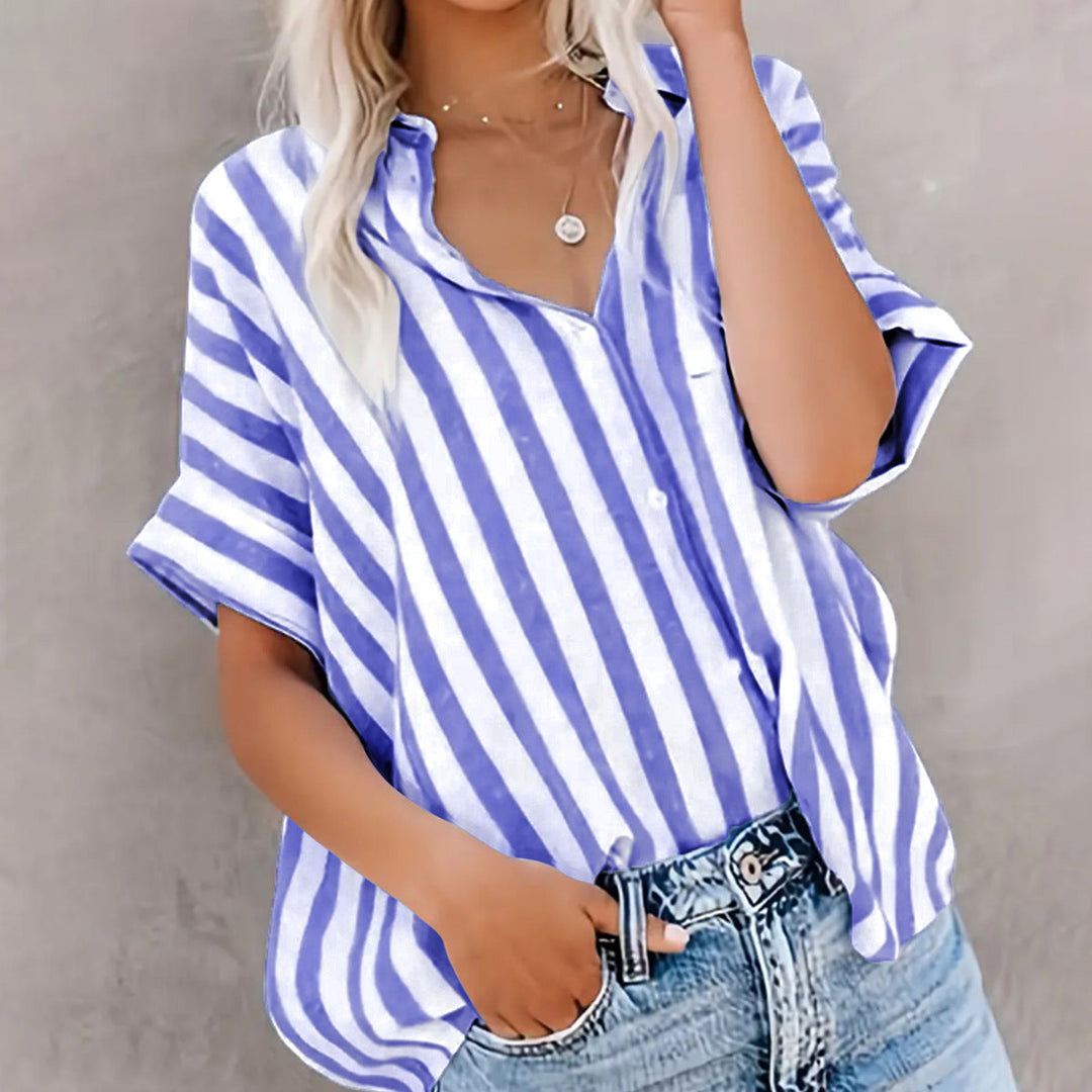Monica Secrets | Blouse Short Sleeve Relaxed Fit Cotton Striped Open With Buttons
