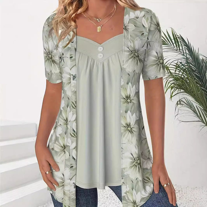Monica Secrets | Ladies Top – Short Sleeves – Relaxed Fit – Sweetheart Neckline – Floral Print