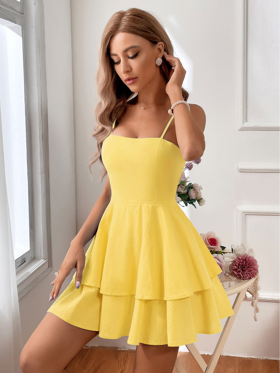 Monica Secrets | Sleeveless Fitted Bodice Backless Ruffle Skirt Spaghetti Straps Dress
