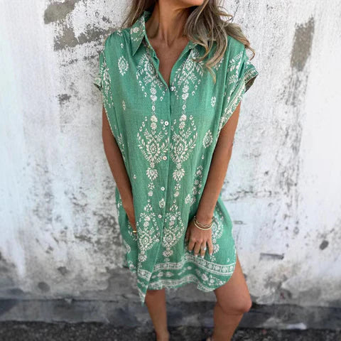 Monica Secrets | Women's Shirt Dress – Relaxed Fit – Bohemian Print – Natural Fibers – Mini Length
