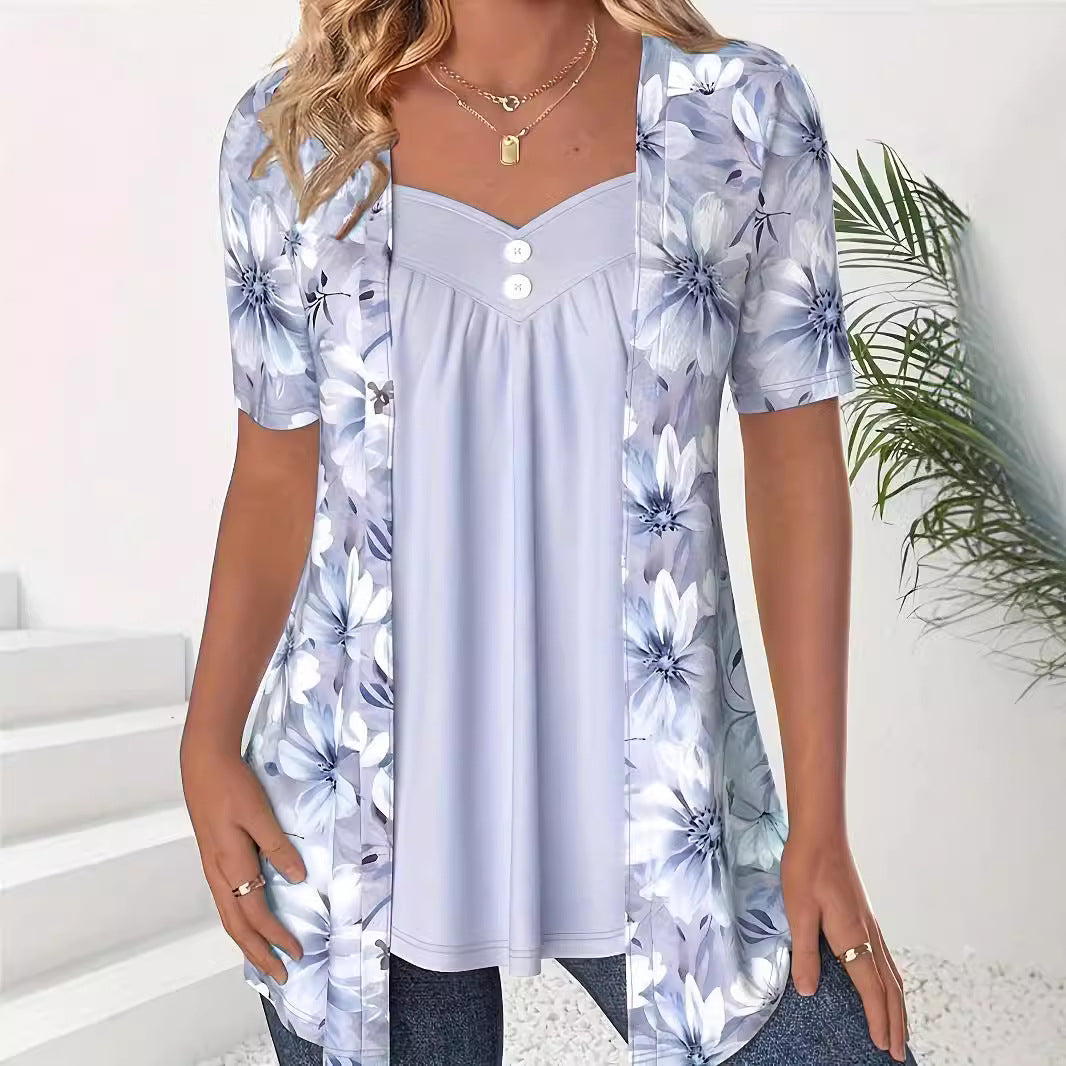 Monica Secrets | Ladies Top – Short Sleeves – Relaxed Fit – Sweetheart Neckline – Floral Print