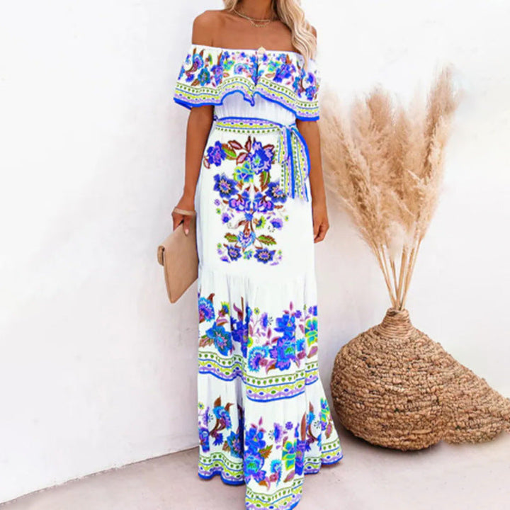 Monica Secrets | Printed Lace-Up Waist Long Dress