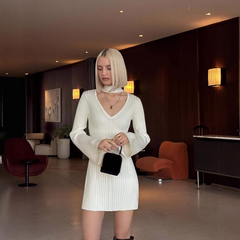 Monica Secrets | Women's Mini Dress – Ribbed Knit – Slim Fit – V-Neck – Ruffle Sleeves – Tie Belt