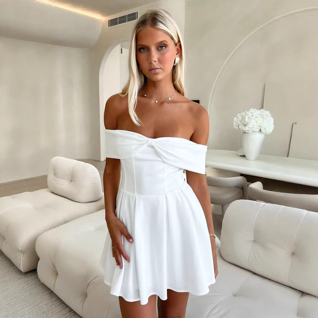 Monica Secrets | Off-Shoulder Mini Dress – A-Line Fit – Soft Lightweight Fabric – Bow Detail