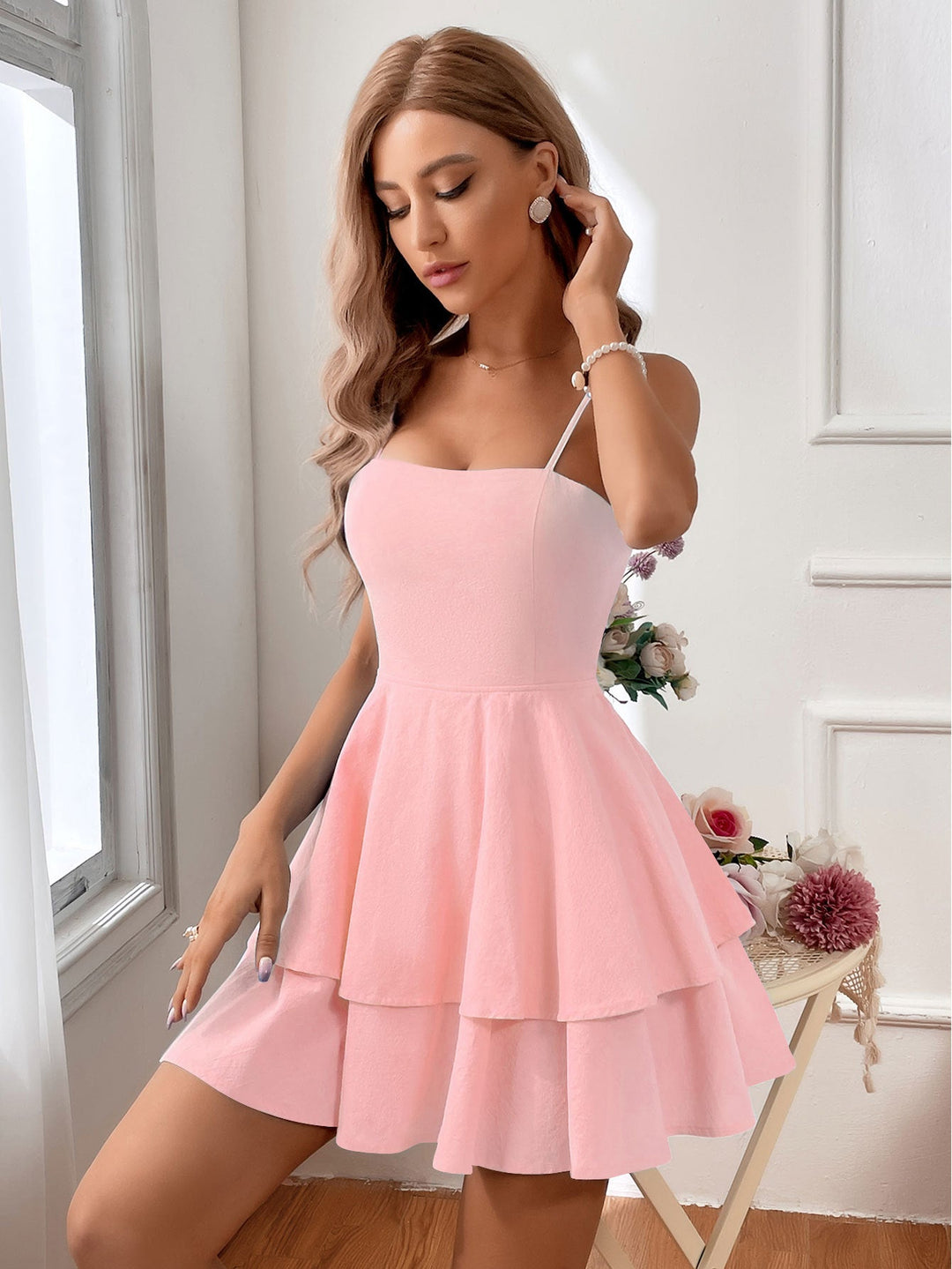 Monica Secrets | Sleeveless Fitted Bodice Backless Ruffle Skirt Spaghetti Straps Dress