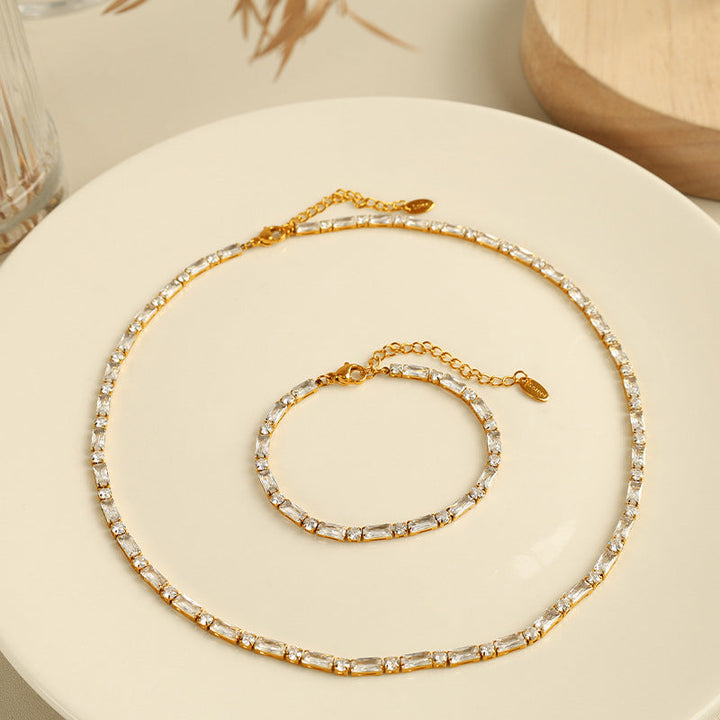 14k Dainty Baguette and Round Tennis Necklace