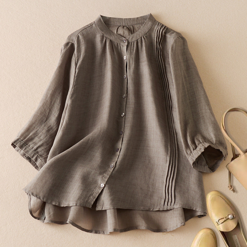 Monica Secrets | Women's Blouse - Relaxed Fit - Half-Length Sleeves - Stand Collar - Natural Fibers - Pleated Detail