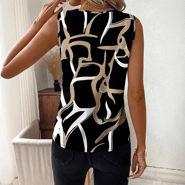 Monica Secrets | Sleeveless Top – V-Neck – Relaxed Fit – Abstract Print – Breathable Cotton