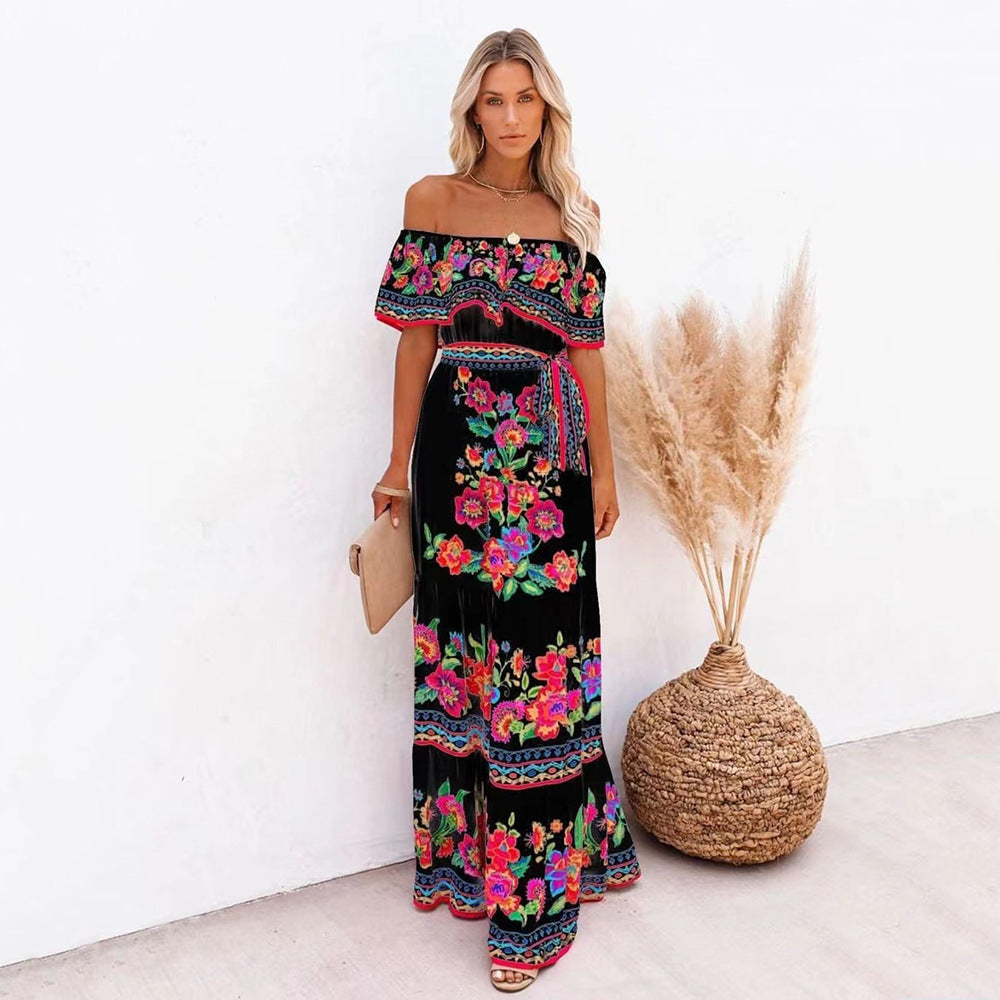 Monica Secrets | Printed Lace-Up Waist Long Dress