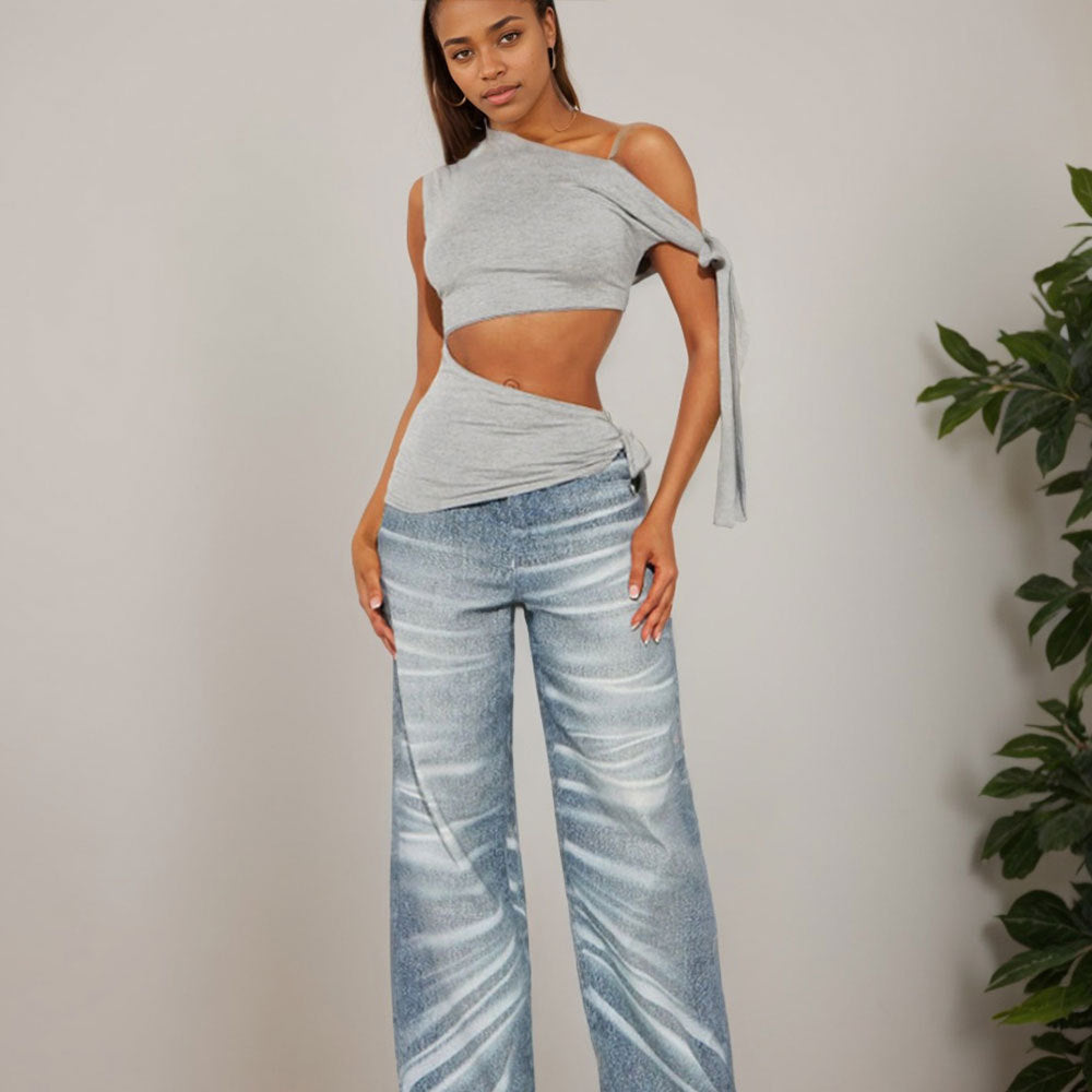 Monica Secrets | One-Shoulder Crop Top – Slim Fit – Breathable Fabric – Adjustable Bow Details