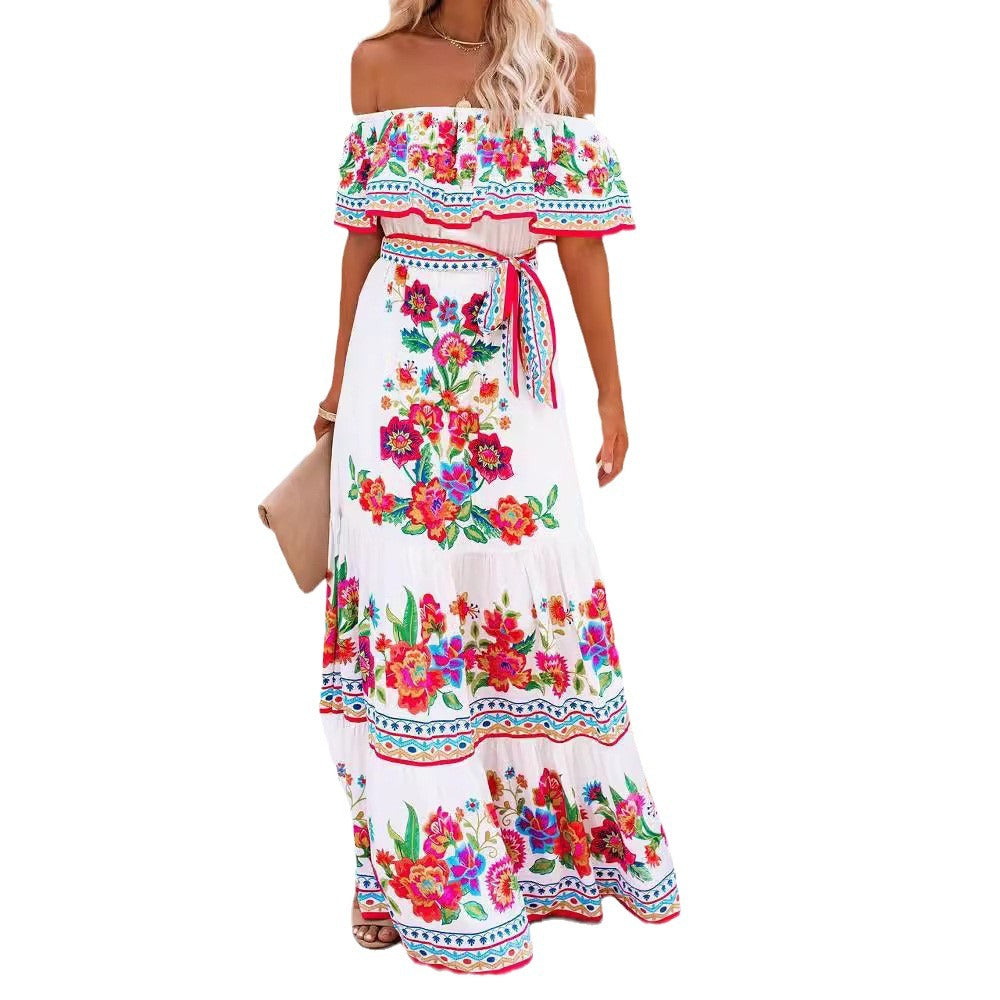 Monica Secrets | Printed Lace-Up Waist Long Dress