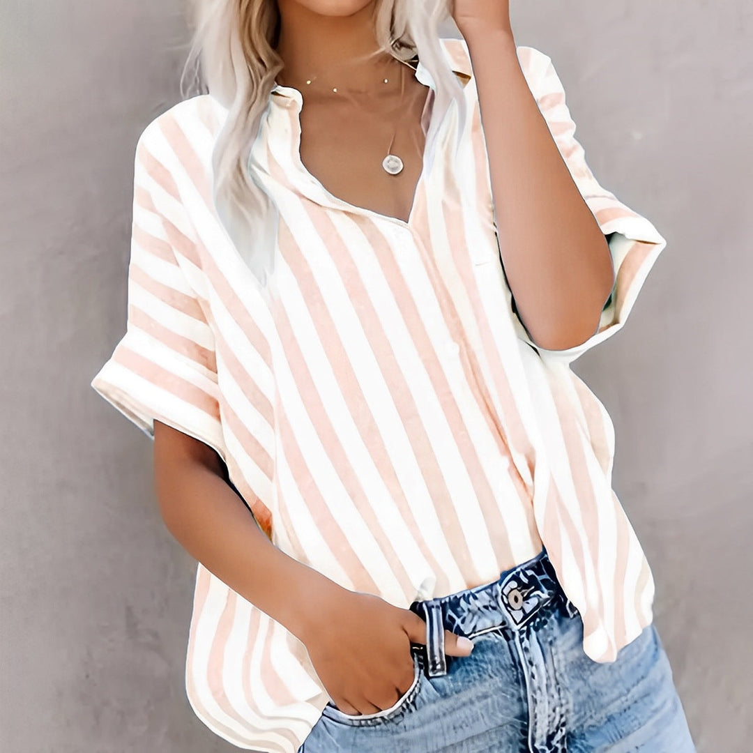 Monica Secrets | Blouse Short Sleeve Relaxed Fit Cotton Striped Open With Buttons