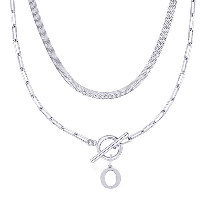 2pc Paperclip Initial Toggle Clasp & Herringbone Necklace Set
