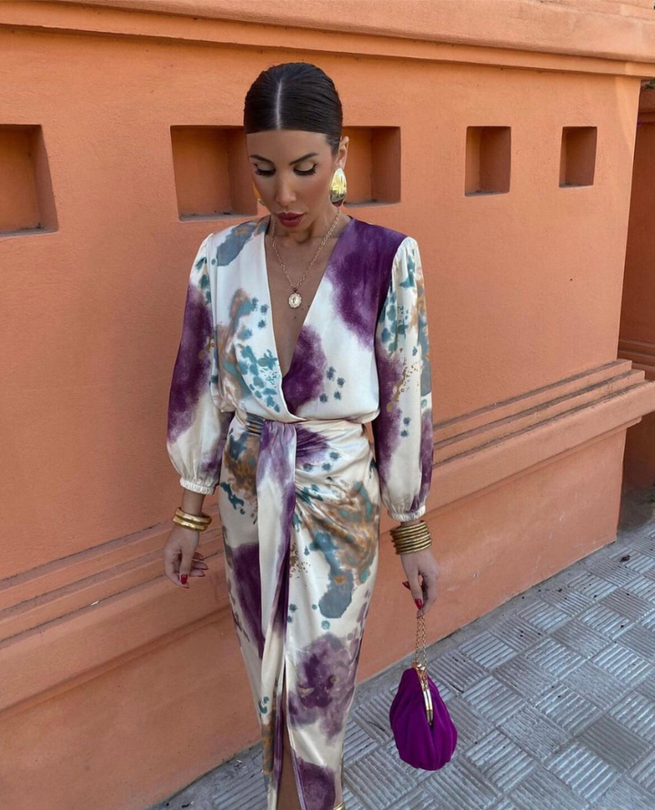 Monica Secrets | Elegant V-Neck Long Sleeve Split Maxi Dress