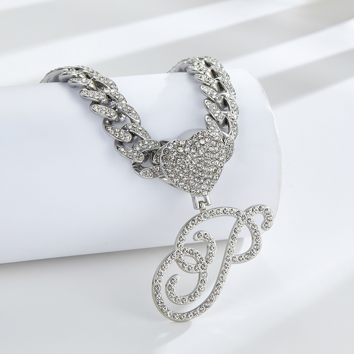 Cursive Diamond Accented Initial Cuban Heart Necklace
