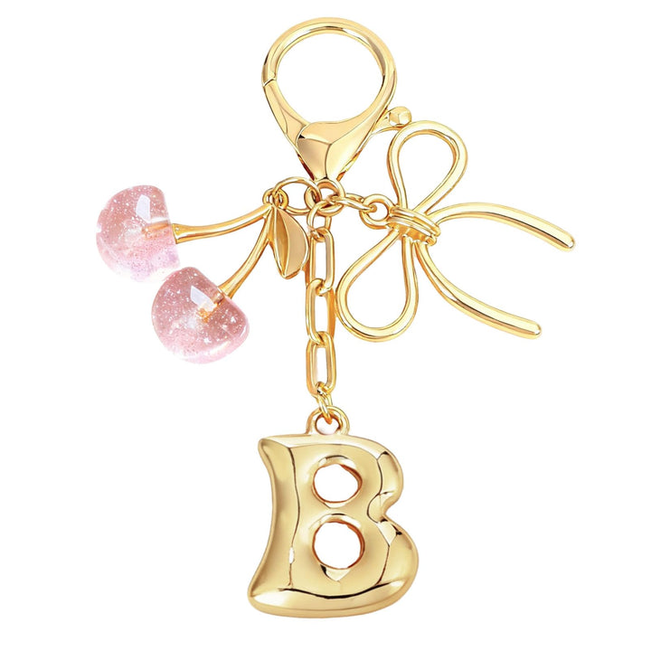 Bubble Initial With Bow & Cherry Charms Keychain