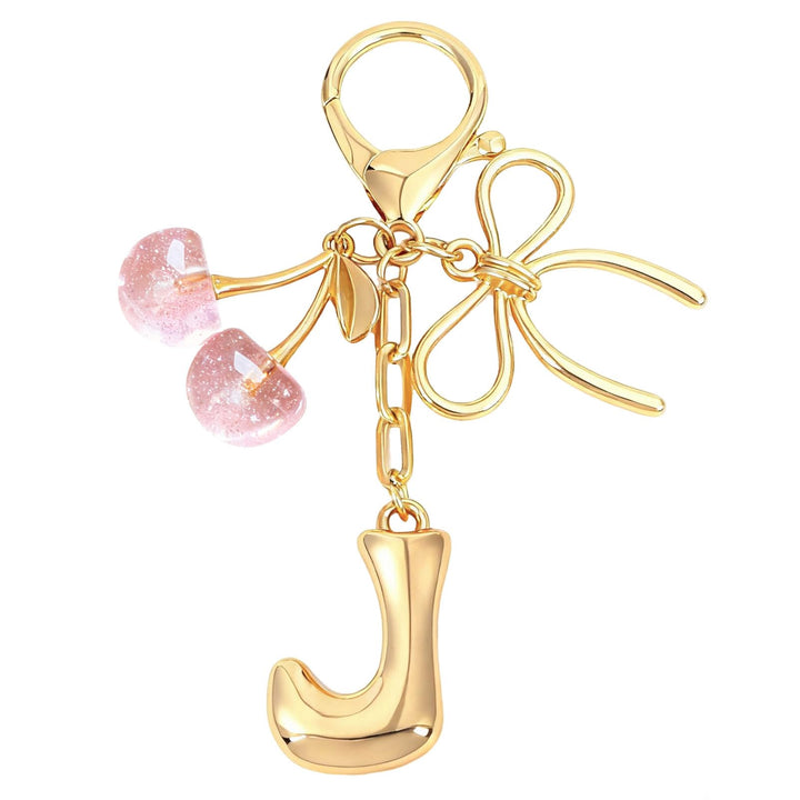 Bubble Initial With Bow & Cherry Charms Keychain