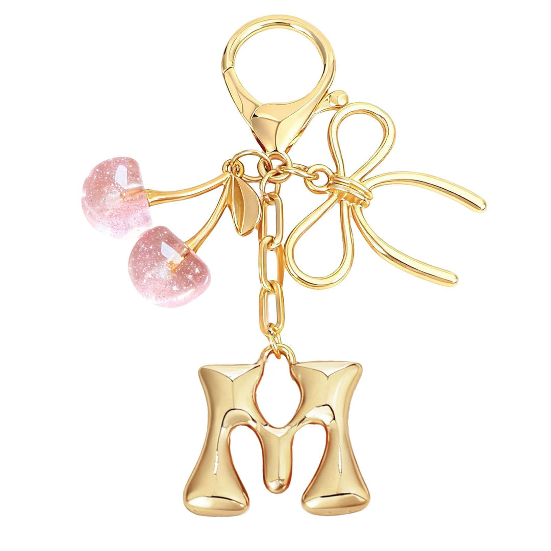Bubble Initial With Bow & Cherry Charms Keychain