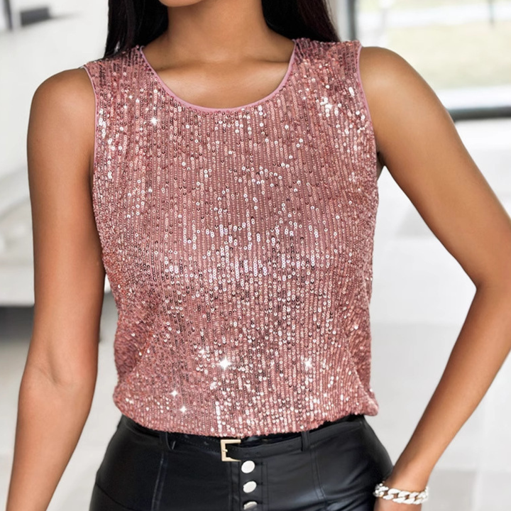 Monica Secrets | Sleeveless Top With Sequins – Round Neck – Slim Fit – Festive Look