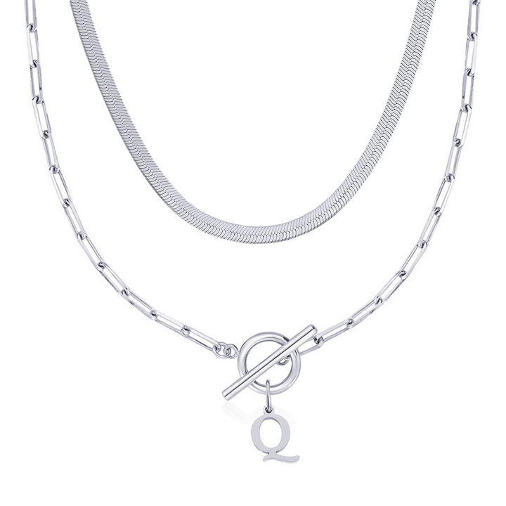2pc Paperclip Initial Toggle Clasp & Herringbone Necklace Set
