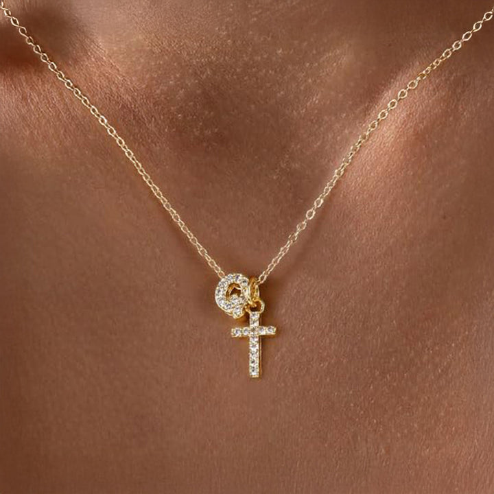 Dainty Diamond Initial & Cross Necklace