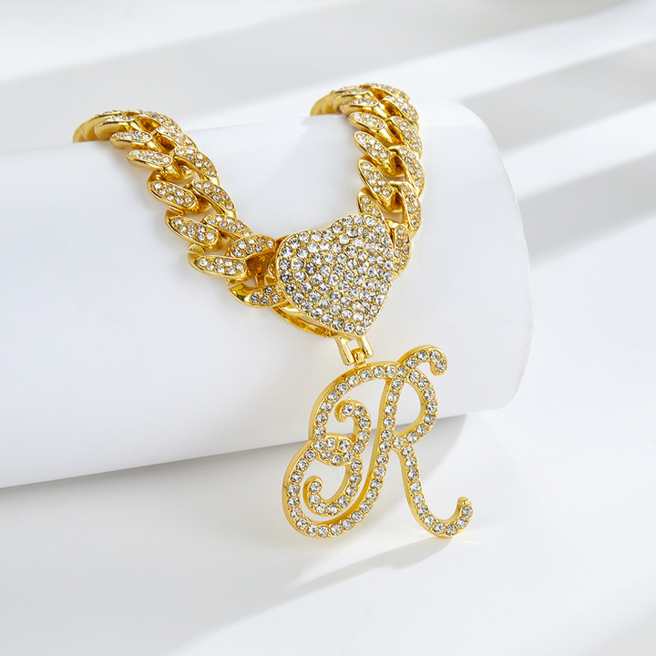 Cursive Diamond Accented Initial Cuban Heart Necklace
