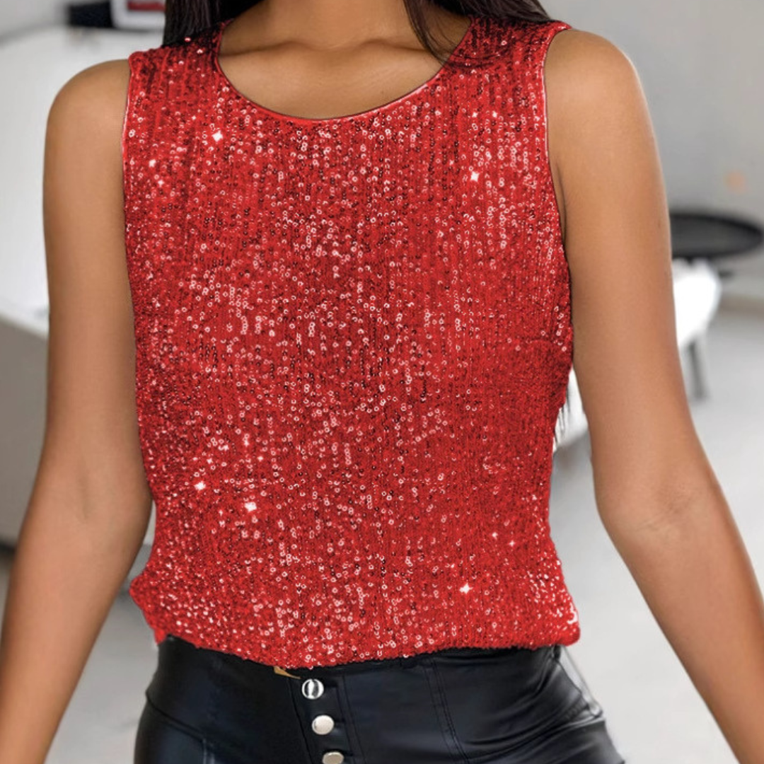 Monica Secrets | Sleeveless Top With Sequins – Round Neck – Slim Fit – Festive Look