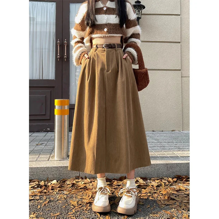 Monica Secrets | Classic Belt Corduroy Midi Skirt