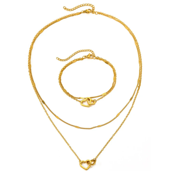 Dainty Curb & Chain Link Dual Heart Necklace and Bracelet Set